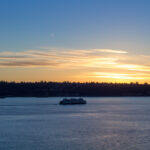 Boat on a winter sunset at Seattle waterfront